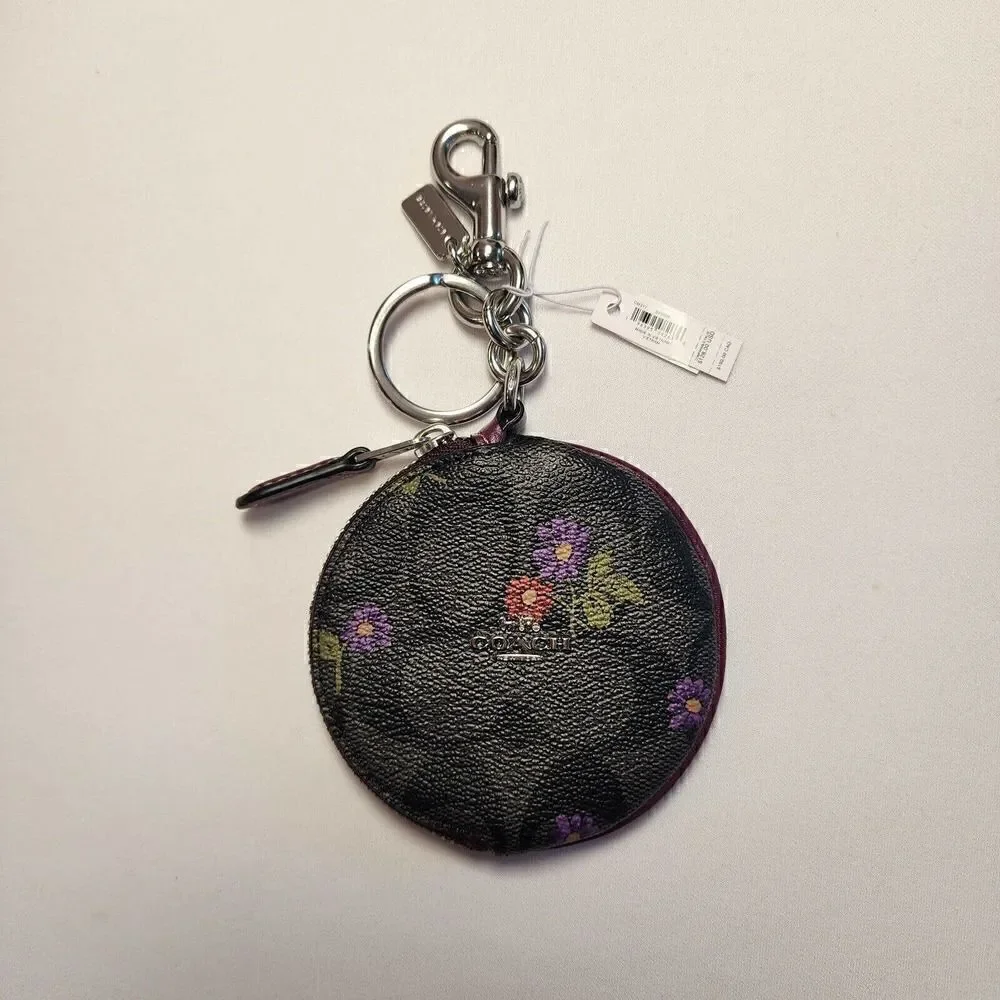 NWT Coach CM317 Circular Coin Pouch Country Floral Signature Deep Berry